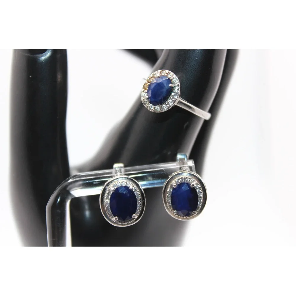 Sterling Silver 925 Blue Sapphire Halo Ring and Earrings Jewelry Set Size 9